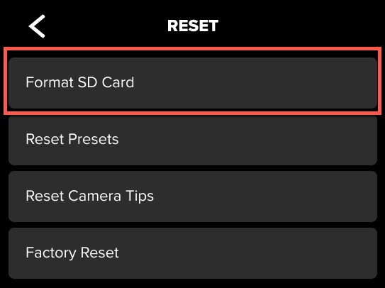 gopro hero13 reset menu with format sd card highlighted